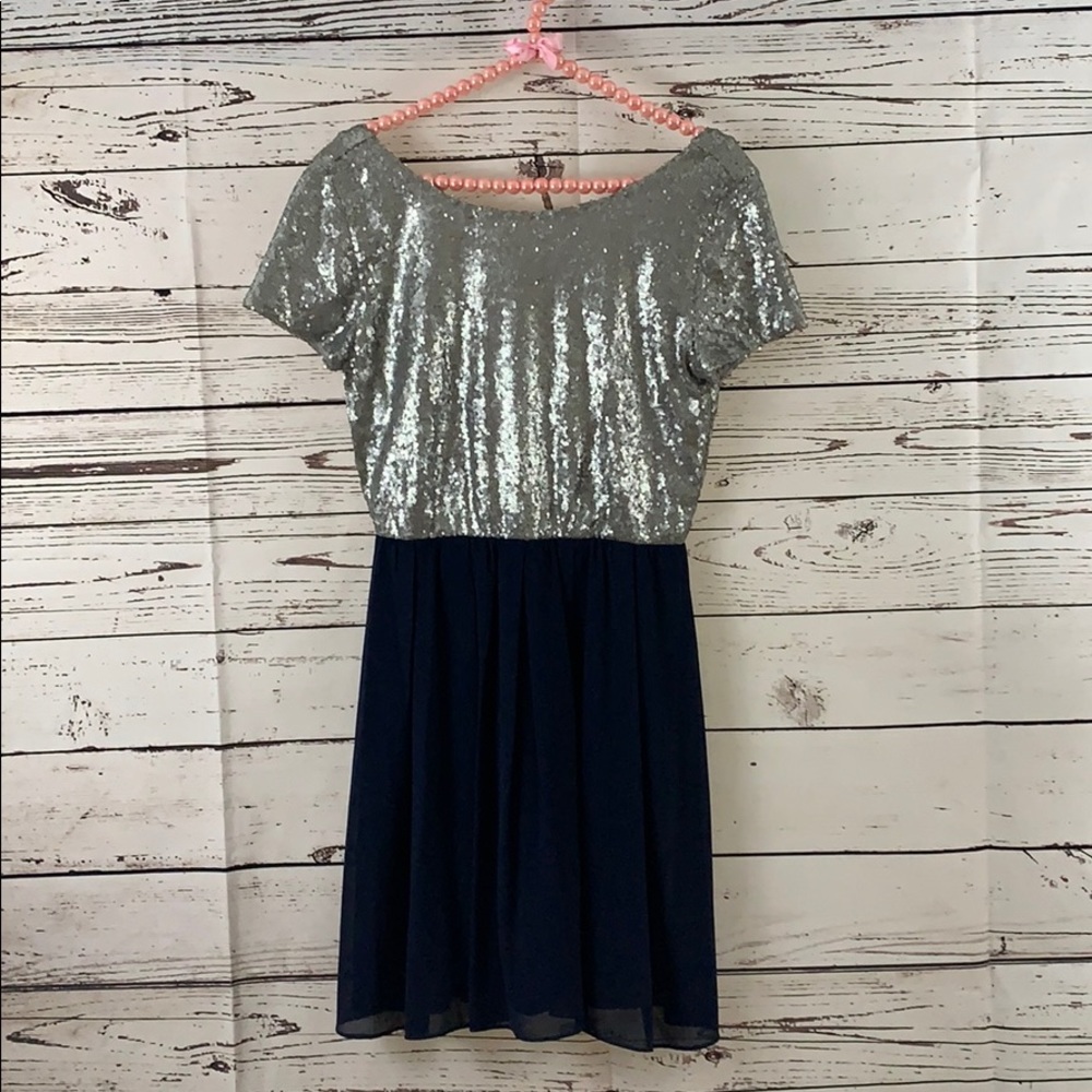 Silver sequins and navy blue cocktail dress